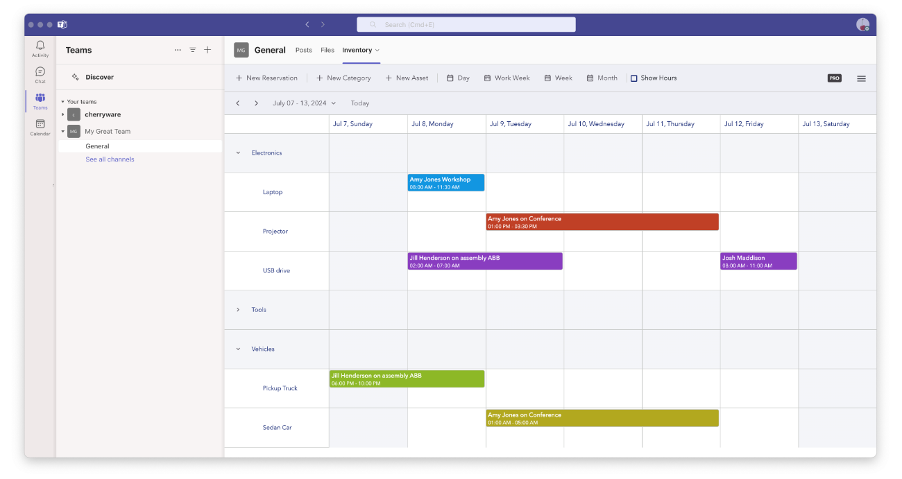 Inventory & Asset Reservation Screenshot in Microsoft Teams